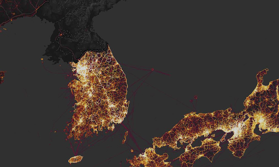 한반도 주변 스트라바 열지도(히트맵). 스트라바 갈무리