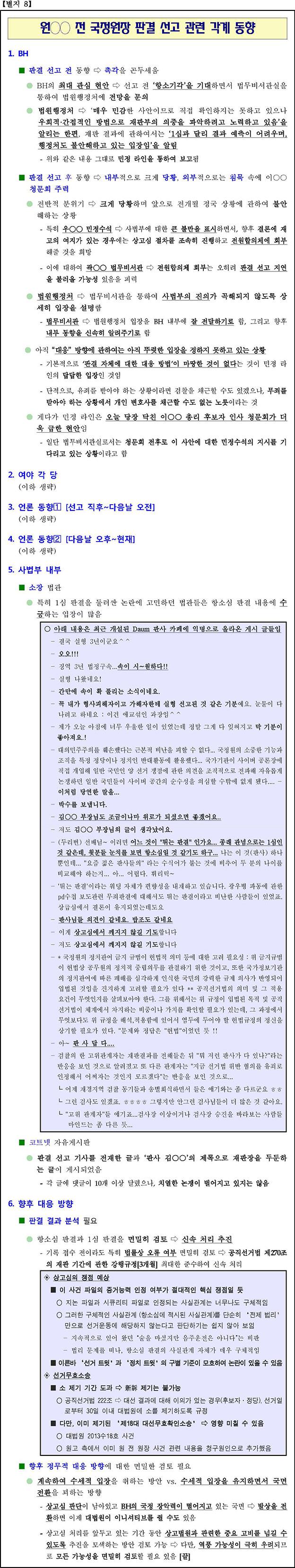 ‘원○○ 전 국정원장 판결 선고 관련 각계 동향’ 문건 전문