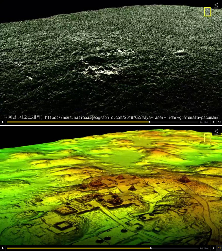 일부 큰 유적만이 드러난 밀림 지대(위)를 레이저 관측 장비로 스캐닝 하면 밀림 속에 감춰져 있던 도로, 건물 같은 인공 구조물들의 윤곽을 볼 수 있다(아래). 출처: 내셔널 지오그래픽스, 동영상 갈무리