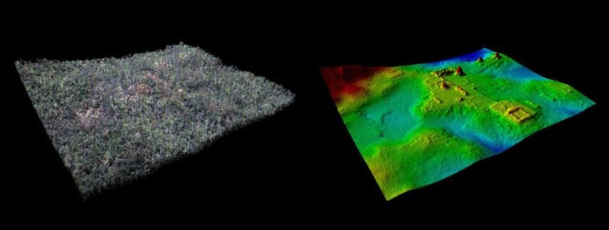 저지대 마야 문명 유적지의 밀림 지대(왼쪽)를 레이저 관측 장비로 들여다보니 감춰져 있던 도로, 건물 같은 인공 구조물들이 드러났다(오른쪽). 출처: 미국 이타카대학