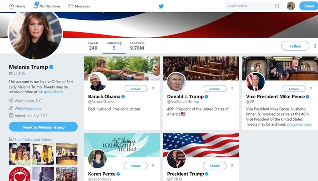도널드 트럼프 미국 대통령의 부인 멜라니아 트럼프가 공식 트위터 계정에서 팔로우 하는 5명의 리스트. 사진출처: 멜라니아 트위터 갈무리