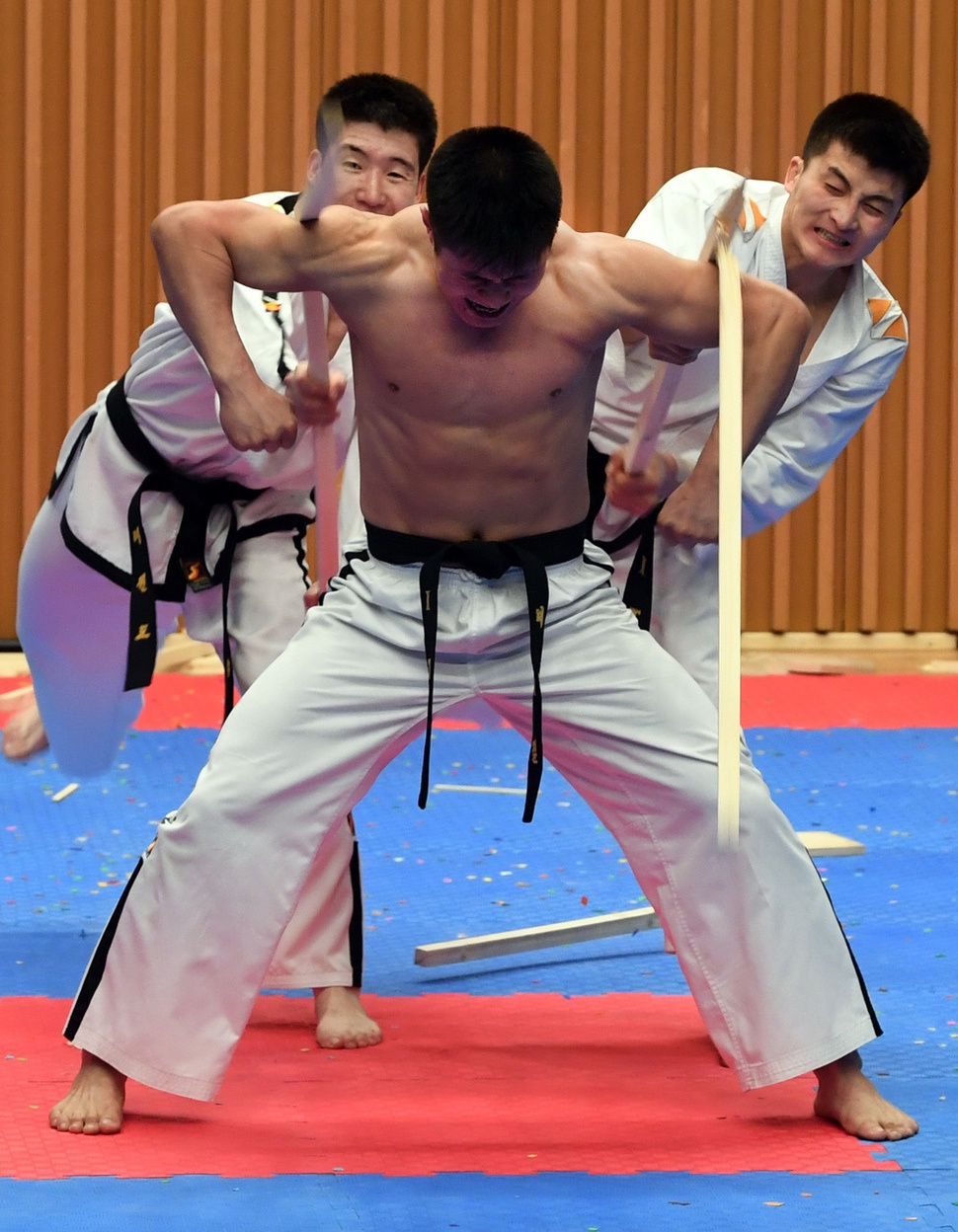 12일 오후 서울 시청 다목적홀에서 열린 남북 태권도 합동 시범 공연에서 북한 선수가 각목공격을 맨몸으로 막아내는 시범을 보이고 있다. 사진공동취재단