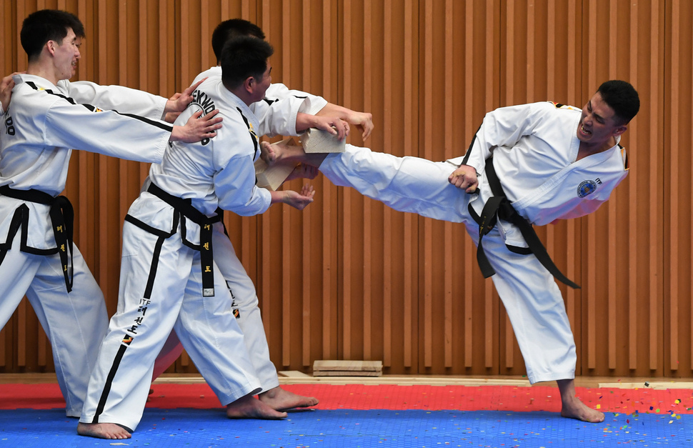 12일 오후 서울시청 다목적홀에서 열린 남북 태권도 합동 시범 공연에서 북한 선수가 8㎝ 송판을 발차기로 격파 하고 있다. 사진공동취재단