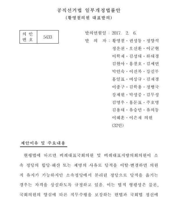 황영철 자유한국당 의원이 바른정당 시절인 2017년 2월6일 비례대표의 정당 선택권을 보장해야 한다는 내용을 담아 발의한 공직선거법 개정안. 유승민·정병국 등 바른미래당 주요 의원들이 공동발의했다. 자유한국당으로 복당한 김무성·김성태·장제원 의원의 이름도 눈에 띈다. 국회의안정보시스템 갈무리