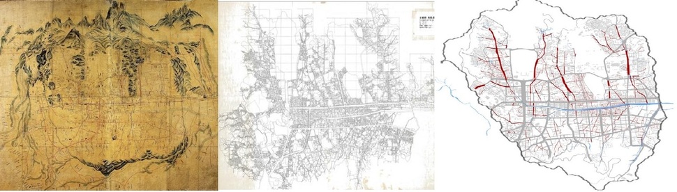 조선후기부터 지금까지 변하지 않고 모양을 유지하고 있는 서울의 옛길 620곳이 발굴됐다. 사진은 왼쪽부터 이번 발굴 근거가 된 도성대지도, 경성부지적원도와 서울 옛길 620곳을 표기한 지도.
