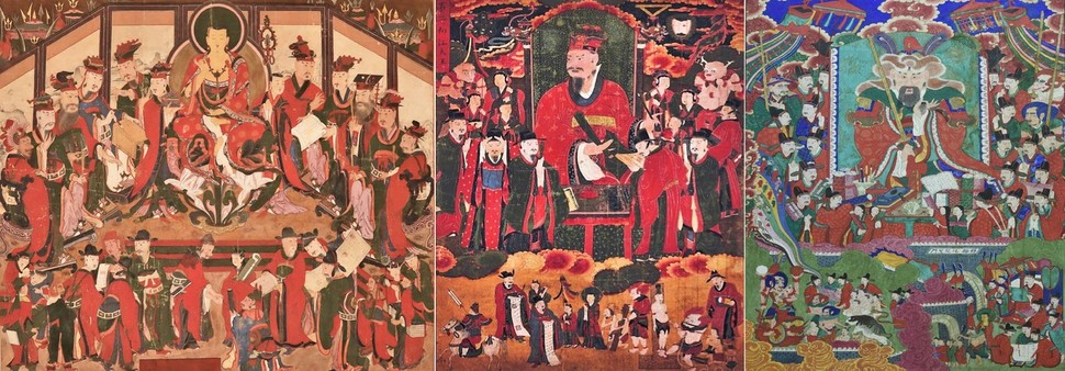 경남 고성군 옥천사는 21일부터 전시회 ‘만행, 돌아온 성보전’을 연다. 왼쪽부터 대구 동화사 염불암 <지장시왕도>, 경남 고성군 옥천사 <제2초강대왕도>, 경북 울진군 불영사 <시왕도>. 옥천사 성보박물관 제공