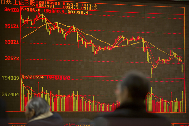 미국이 22일(현지시각) 중국산 수입품 600억달러 상당에 고율 관세를 부과하겠다고 발표한 가운데, 23일 중국 베이징 증권거래소에서 투자자들이 급락하는 주가 그래프를 쳐다보고 있다. 베이징/AP 연합뉴스