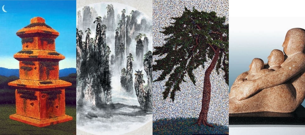 ‘목원동행 2018’전에 출품된 ‘사의적 정원’(전형주 작), ‘산수여행 18-3’(정황래 작), ‘소나무’(감병휘 작), ‘위대한 성’(김태호 작) 작품들(왼쪽부터). 이 전시회는 목원대 총동문회가 미술·디자인대학 동문회와 함께 후배를 위한 장학기금을 적립하려고 마련했다. 목원대 제공