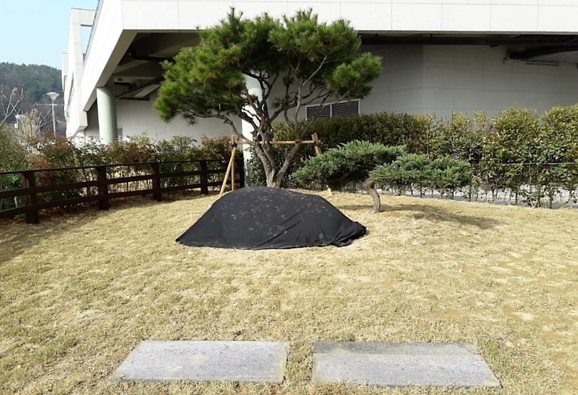 경남 통영시 통영국제음악당 뒷마당에 마련된 고 윤이상 선생 묘소. 통영국제음악재단은 30일 추모식 직전까지 묘소 보호를 위해 봉분을 대신하는 너럭바위를 검은색 천으로 덮어두고 있다.