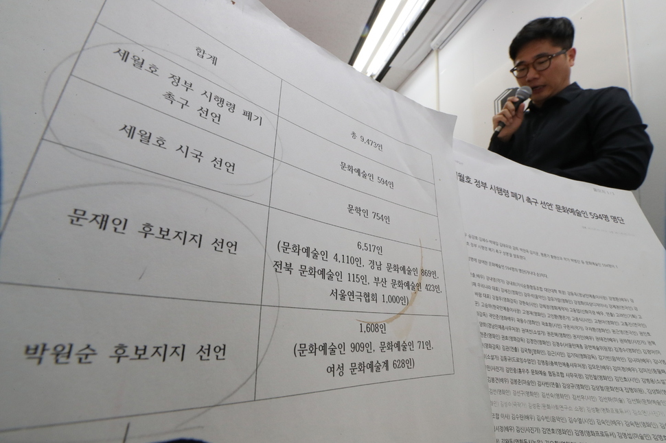 ‘문화예술계 블랙리스트 진상조사 및 제도개선위원회’(이하 조사위)가 10일 서울 광화문 조사위 회의실에서 기자회견을 열어 박근혜 정부 때 벌어진 한-불 수교행사 블랙리스트 사건에 대해 밝히고 있다. 연합뉴스