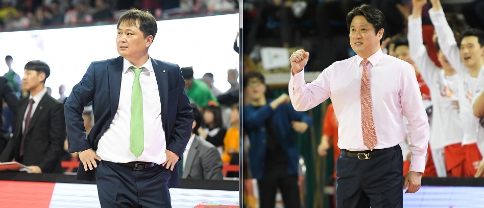 이상범 디비 감독(왼쪽)과 문경은 에스케이 감독. KBL 제공
