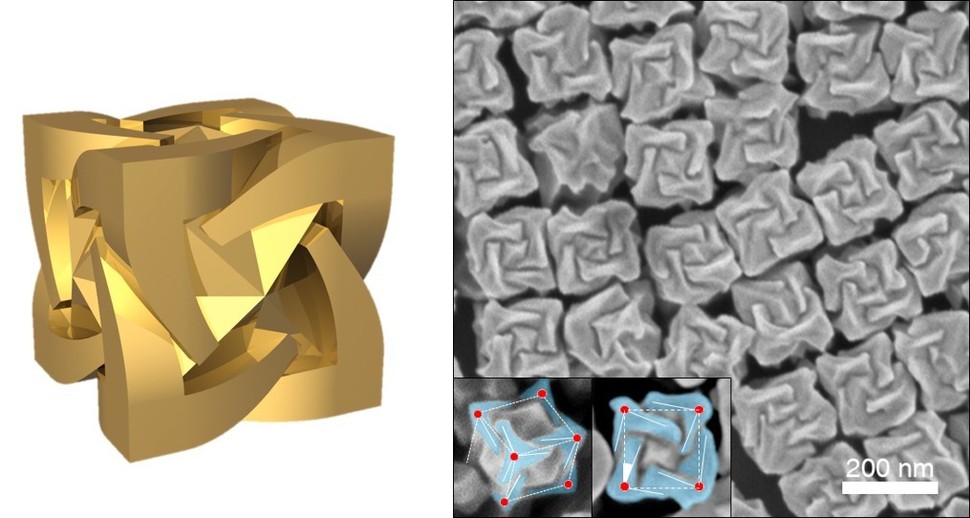 국내 연구진이 최초로 개발한 거울 대칭상 기하구조를 지닌 금 나노입자. 거울상 기하구조를 지닌 모형(왼쪽)과 전자현미경 실물 사진(오른쪽). 서울대 제공