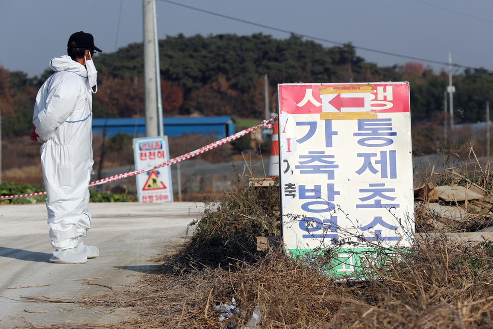 지난 11월20일 전북 고창군 흥덕면의 한 오리 농가 인근에서 방역당국이 주변 차량을 통제하고 있다. 연합뉴스