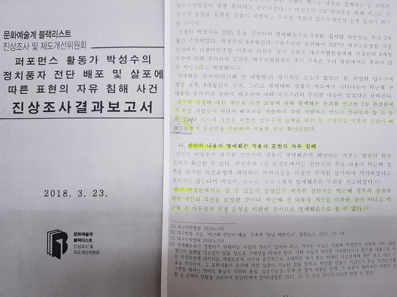 ‘문화예술계 블랙리스트 진상조사 및 제도개선위원회’가 지난달 23일 내놓은 ‘퍼포먼스 활동가 박성수의 정치풍자 전단 배포 및 살포에 따른 표현의 자유 침해 사건 진상조사 결과보고서’.