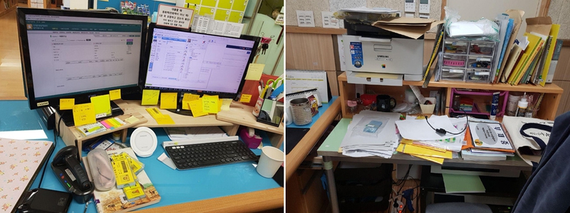 여러 메모가 적힌 포스트잇과 신간에 부착할 라벨 등이 어지럽게 널려있는 사서의 책상 위 모습이다.