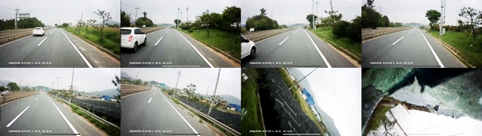 지난 1일 오후 전남 영암군 신북면 주암삼거리 인근 도로에서 25인승 미니버스가 코란도 승용차와 부딪친 뒤 우측 가드레일을 뚫고 3m 아래 밭으로 추락해 8명이 숨졌다. 사진은 미니버스 블랙박스에 찍힌 사고 당시 모습을 갈무리한 모습. 전남지방경찰청 제공