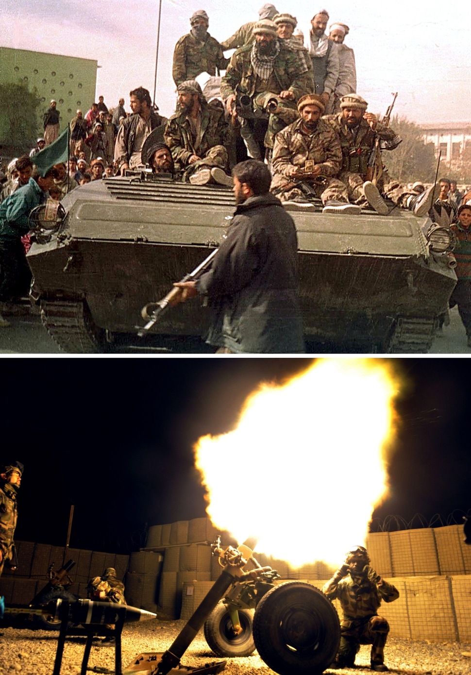 2001년 11월13일, 탈레반 정권이 무너지자 북부동맹그룹 보안군이 카불에 들어오고 있다./ 프랑스 해병 포병연대가 2012년 3월12일 카불주 스로비 지역 군사기지에서 박격포 발사훈련을 하고 있다.