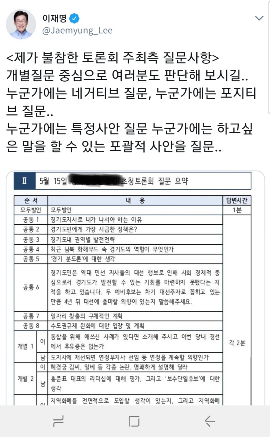 더불어민주당 이재명 후보가 공개한 방송토론회 질문지. 이재명 후보 트위터. (* 이미지를 누르면 확대됩니다.)