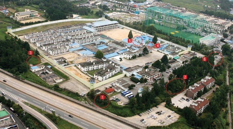 광주시 북구 각화동에 있는 옛 광주교도소 전경. 사진 속 붉은 원안 1~3은 5·18 당시 교도관이 암매장 추정 장소로 지목한 장소다. <전남일보> 제공