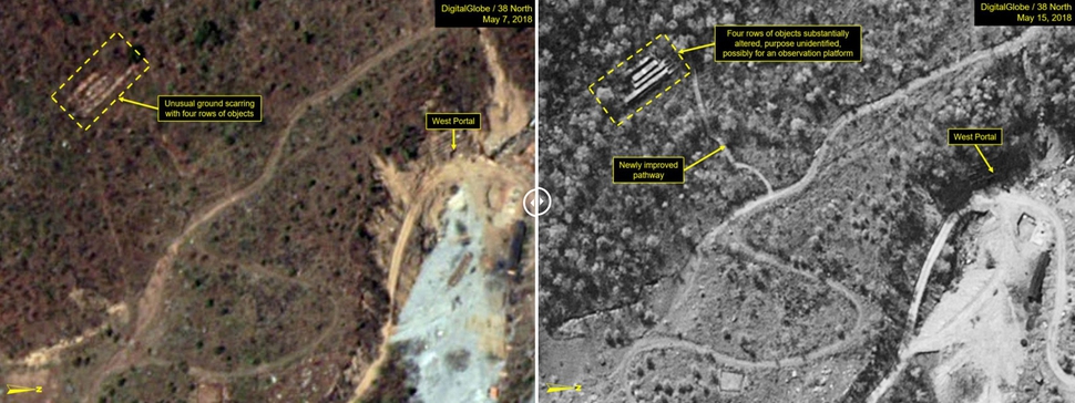 미국의 북한 전문매체 38노스가 19일(현지시간) 북한이 풍계리 핵실험장 갱도 폭파 장면 관측을 위한 전망대 설치 등 폐기 작업을 계속 진행 중인 것으로 보인다고 밝혔다.     왼쪽은 지난 7일 촬영된 풍계리 핵실험장 일대 위성사진으로 북쪽과 서쪽, 남쪽 갱도 주변에 있던 이동식 건물들이 철거된 모습이 포착됐다.     오른쪽은 지난 15일 촬영된 위성사진으로 서쪽 갱도 인근 언덕에 4줄에 걸쳐 목재 더미가 쌓여있는 것 같은 모습이 보인다. 디지털글로브 38노스/연합뉴스 (* 이미지를 누르면 확대됩니다.)