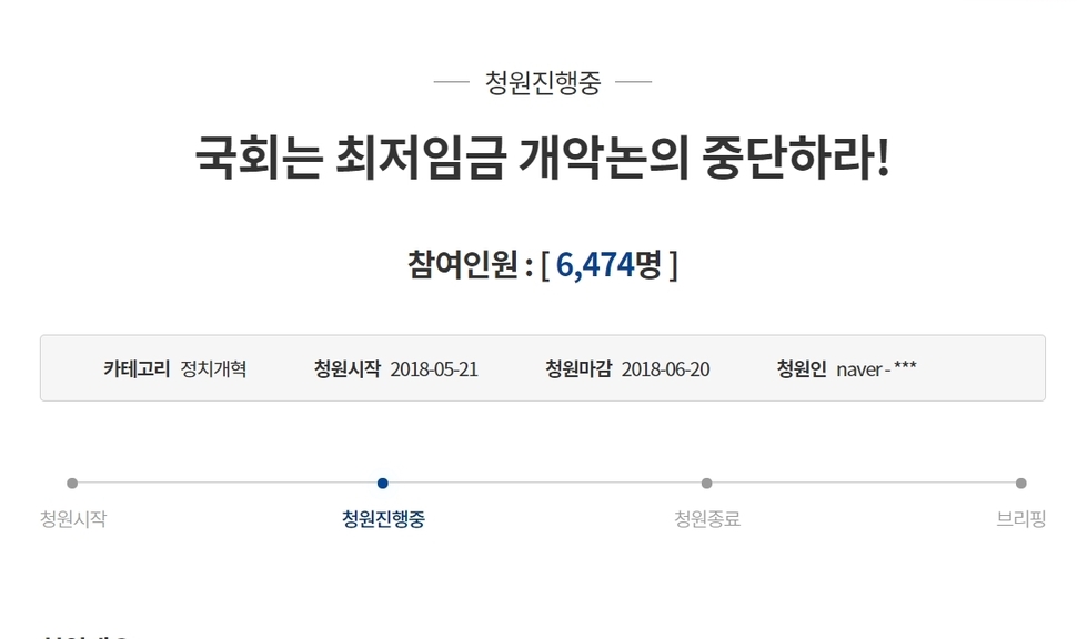 ‘국회는 최저임금 개악 논의 중단하라!’는 제목으로 21일 청와대 국민청원 게시판에 올라온 글