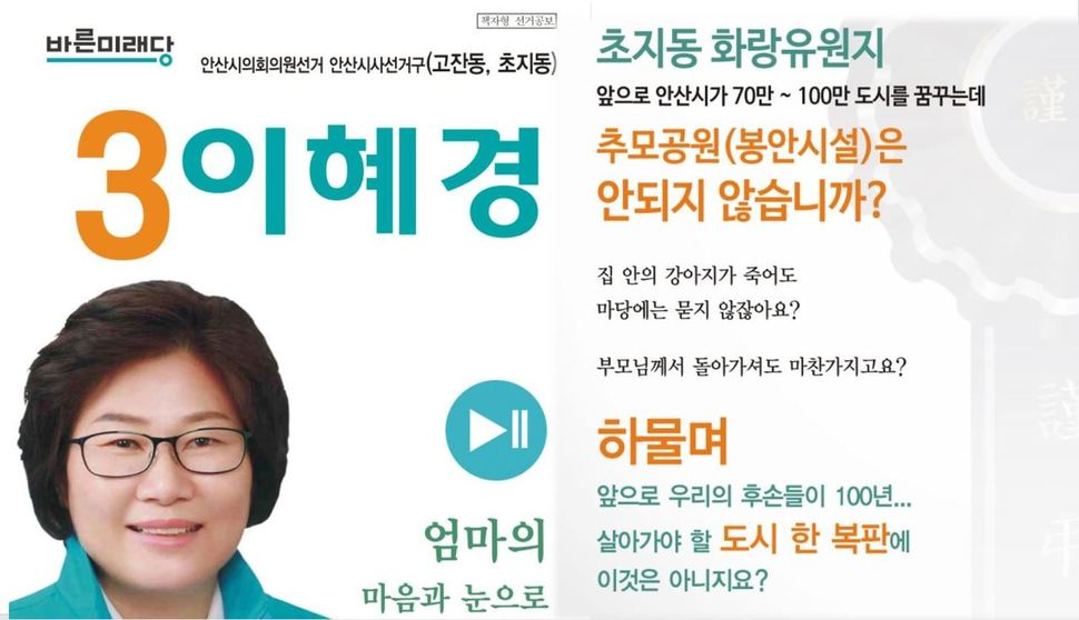 이혜경 바른미래당 안산시의원 후보 선고공보물. 중앙선거관리위원회 누리집