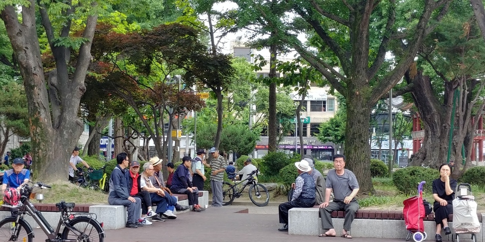 14일 오후 충북 청주 중앙공원에 모인 노인들이 하루 전 지방선거 등에 관한 이야기꽃을 피우고 있다. 오윤주 기자