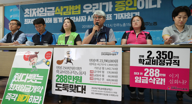 민주노총이 18일 오전 서울 정동 민주노총 대회의실에서 기자회견을 열어 ‘최저임금법 개악 피해 금액 자동계산기’ 입력 사례를 분석한 피해 통계와 당사자 사례를 발표하고 있다. 김정효 기자 hyopd@hani.co.kr