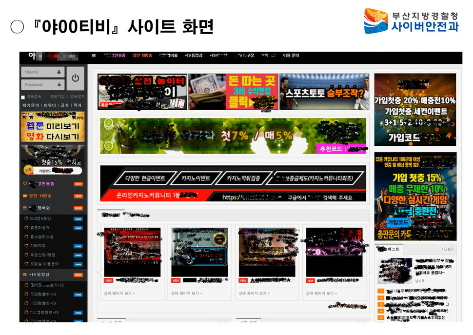경찰에 적발된 음란사이트 화면. 부산경찰청 제공
