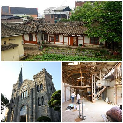 영주 근대역사문화거리의 주요 건물들. 근대한옥(맨 위)과 풍국정미소 내부, 제일교회의 모습이다.