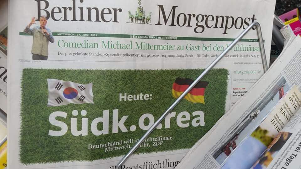 한국과 독일 경기 당일 오전에 발행된 독일의 신문 ‘베를리너 모르겐포스트’. 한국을 ‘KO’시키겠다는 내용을 담았지만, 결국 패배하면서 누리꾼들에게 조롱당하고 있다.