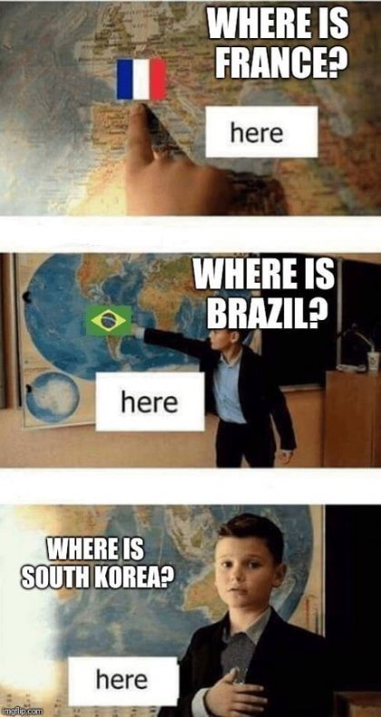 브라질 누리꾼이 “프랑스는 어디에 있지? 브라질은 어디에 있지? 그렇다면 한국은? 마음속”이라는 내용으로 올린 합성 사진. 트위터 갈무리.