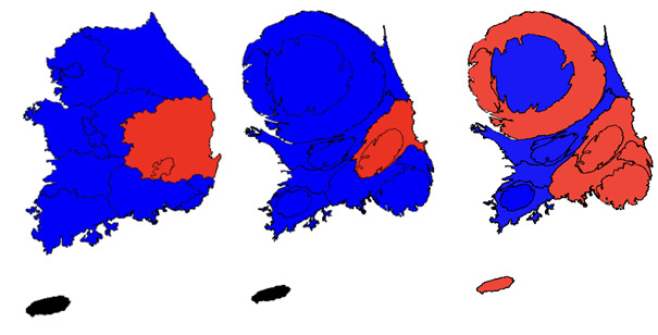 그림 1. 왼쪽과 가운데 그림은 2018년 지방선거의 광역단체장 선거 결과다. 파란색은 더불어민주당, 빨간색은 자유한국당, 검은색은 무소속이 당선된 지역이다. 오른쪽의 2014년 지방선거 광역단체장 선거 결과의 인구비례지도와 비교하면 더불어민주당이 당선자를 배출한 지역이 얼마나 늘었는지 볼 수 있다. 김범준 제공