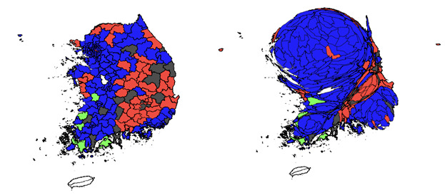 그림 2. 2018년 지방선거 기초단체장 선거 결과를 실제 지도와 인구비례지도위에 그린 그림. 더불어민주당은 파란색, 자유한국당은 빨간색, 민주평화당은 연두색, 그리고 무소속은 짙은 회색으로 표시했다. 제주도처럼 기초단체장 선거 없이 광역단체장만을 뽑은 곳은 흰색으로 표시했다. 김범준 제공