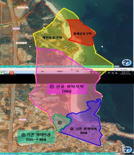 합동참모본부가 최근 고성군 토성면 아야진 일대 축구장 면적(7140㎡)의 22.2배에 이르는 15만8688㎡ 규모의 군사시설보호구역에 대한 협의업무 위탁을 승인했다. 사진은 군사시설보호구역 현황. 고성군청 제공