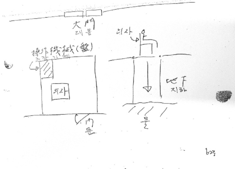 윤정헌씨가 2008년 진실화해위원회의 진상 조사를 받을 때 그린 엘리베이터실의 모습으로, 신청인 진술조서에 첨부돼 있다.
