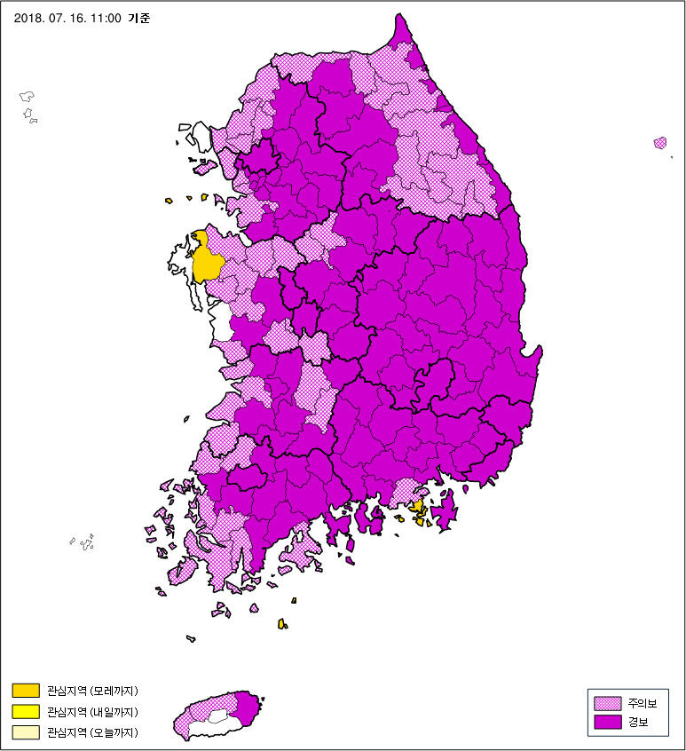 16일 오전 11시 전국 거의 모든 지역에 폭염 특보(경보·주의보)가 발효된 가운데 서울 34도 등 전국의 많은 지점에서 올 들어 가장 높은 최고기온이 기록됐다. 기상청 제공