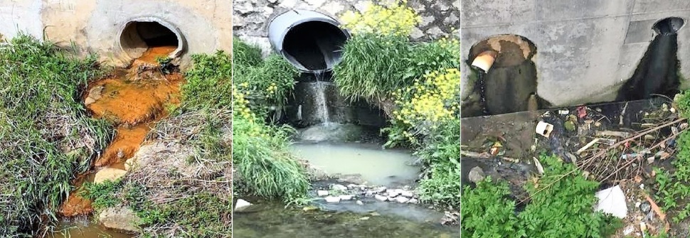 창원시 의창구 도계동 하남천, 창원시 마산회원구 양덕동 삼호천, 창원시 진해구 경화동 경화2가천(왼쪽부터)으로 오수를 유출하는 관로. ‘마산만 특별관리해역 민관산학협의회’ 제공