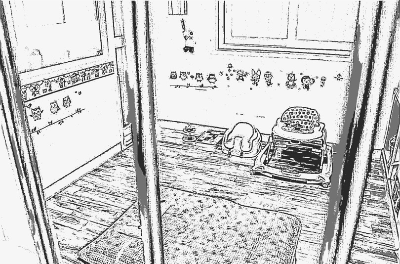 구치소에서 자식 키우는 수용자들을 위해 서울동부구치소가 꾸며준 모자수용거실. 보행기와 좌식 의자, 장난감 등이 놓여 있다. ‘인스턴트 스케치’ 프로그램을 이용해 사진을 그림처럼 변환했다. 서울동부구치소 제공
