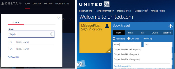 25일 오전 미국 항공사들의 누리집에서 대만 수도 타이베이를 입력하자 국가 정보로 ‘대만'이 표시되고 있다. 델타항공·유나이티드항공 누리집 갈무리