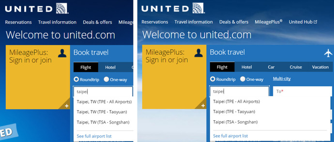 미국 유나이티드 항공사 누리집에서 대만 수도 타이베이를 입력했을 때 25일(왼쪽)에는 '대만'(TW)이라는 국가 분류가 있었지만, 26일엔 사라졌다. 유나이티드 항공 누리집 갈무리