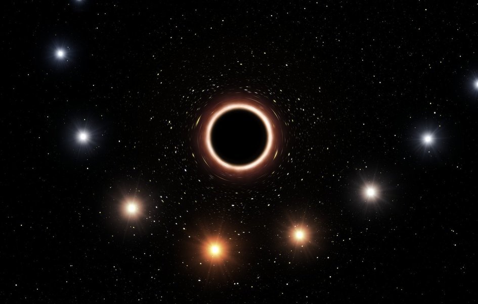  A figure showing the trajectory of the star S2, which orbits around the orbits around a very large black hole in the center of our galaxy. In the figure, the star moves from right to left. At the closest, the black hole has the greatest gravitational effect: at this moment, the star's light comes out of the gravitational field, loses energy, becomes longer in wavelength and becomes red (redshift phenomenon). The picture is an exaggeration of the color change to clearly express the effect of this black hole huge gravitational field. Source: European Southern Observatory (ESO) / MEP 