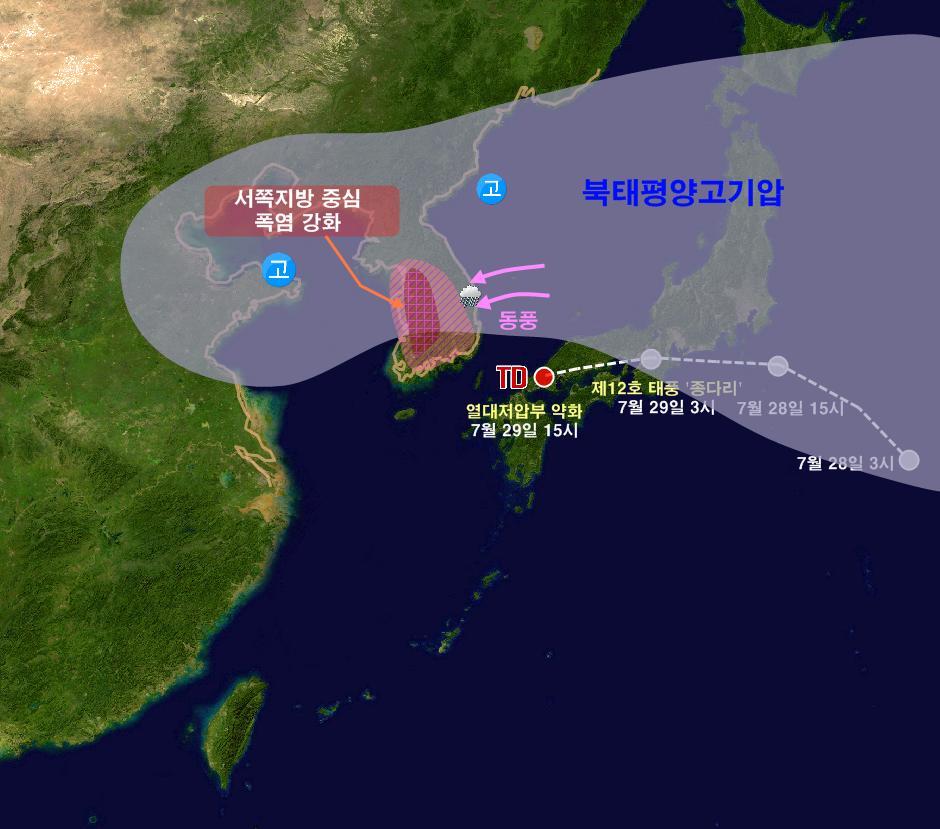 30일 오후 우리나라 주변 기압계 모식도. 기상청 제공