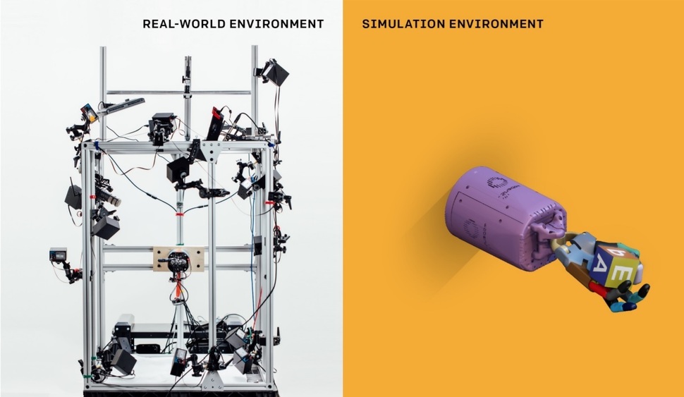 왼쪽은 인공지능 댁틸(Dactyl)이 실제 움직인 로봇 팔과 그에 딸린 카메라 장치의 모습. 오른쪽은 댁틸이 사이버 공간에서 스스로 학습하는데 쓰인 가상의 로봇 팔 모습이다. 오픈에이아이(OpenAI) 제공