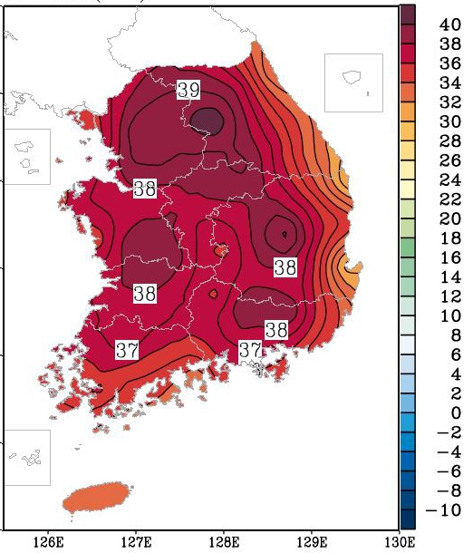 일 최고기온 분포도. 1일 오후 4시30분 현재. 기상청 제공