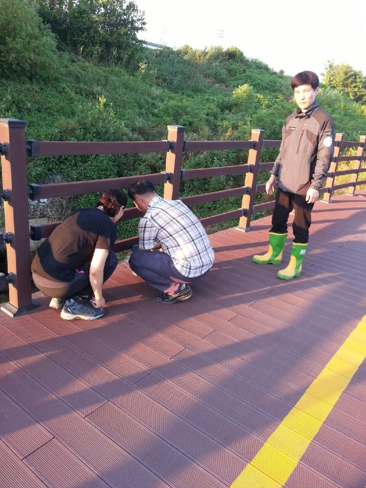 1일 오후 질산 누출 사고가 난 뒤 금강유역환경청, 청주시청 직원 등이 무심천, 미호천 합수 지점 등에서 수소이온농도 측정을 하고 있다. 측정에선 수소이온농도가 6.88~7정도로 나왔다.청주시 제공