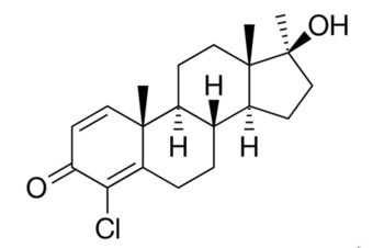 튜리나볼의 화학 구조. 튜리나볼은 상품명이며, 흔히 티볼(T-bol)로 불리기도 한다. 성분명은 클로르디하이드로메틸테스토스테론(Chlorodehydromethyltestosterone)이며, 이름에서 나타나듯이 남성 호르몬의 구조를 변화시킨 단백동화남성화 스테로이드(AAS; anabolic androgenic steroid)이다. 위키미디어 코먼스 제공