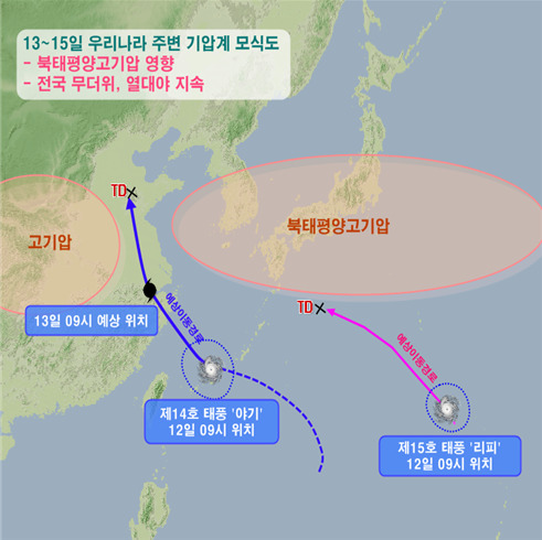 13~15일 우리나라 주변 기압계 모식도. 기상청 제공