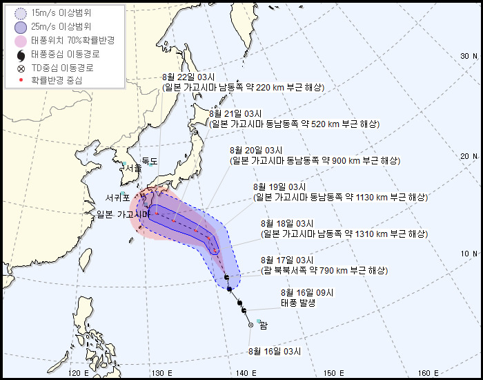 기상청이 17일 오전 4시 현재 예측한 제19호 태풍 ‘솔릭’의 예상 이동경로.