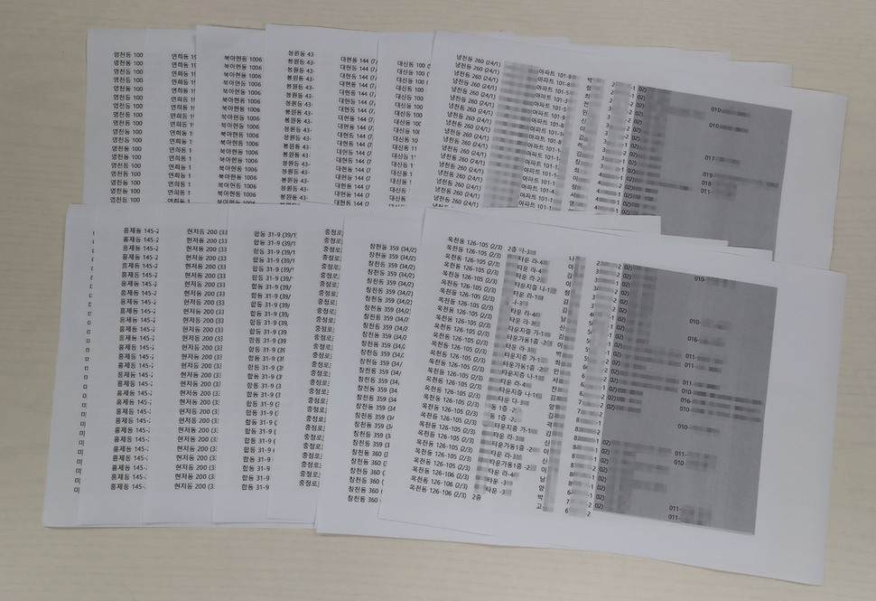 <한겨레>가 단독 입수한 ‘서대문갑 지역 유권자 명부’에는 이 지역 유권자 전체인 13만1천여명의 이름, 주소, 주민번호 앞자리가 적혀 있고, 7만4398명의 전화번호(전체 유권자의 56%), 4만8670명의 휴대전화 번호(전체의 36.6%)가 담겨 있다. 개인정보 보호를 위해 중요 정보는 모자이크 처리를 했다.